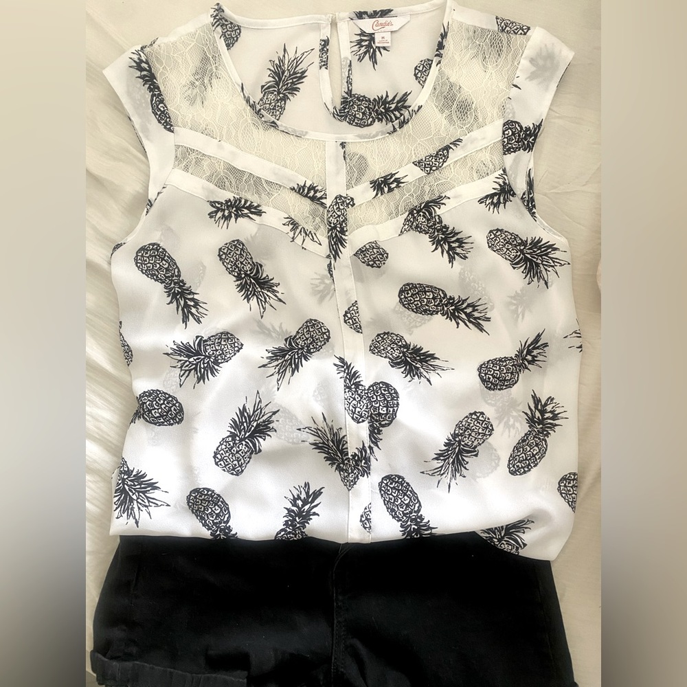 Sheer black white lace blouse Pineapple tank shirt, medium